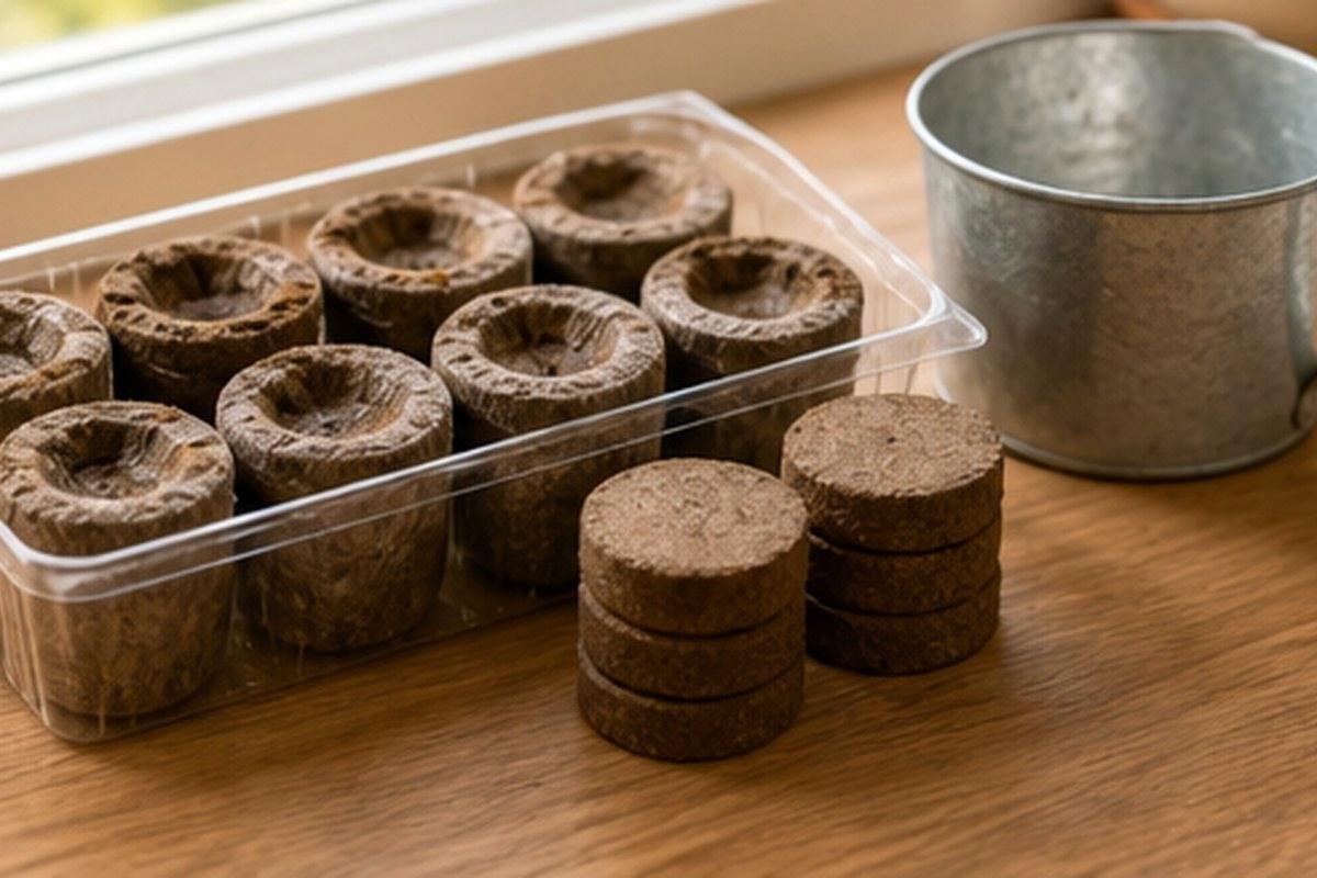 Peat pellet refills in a clear tray beside a small metal watering cup