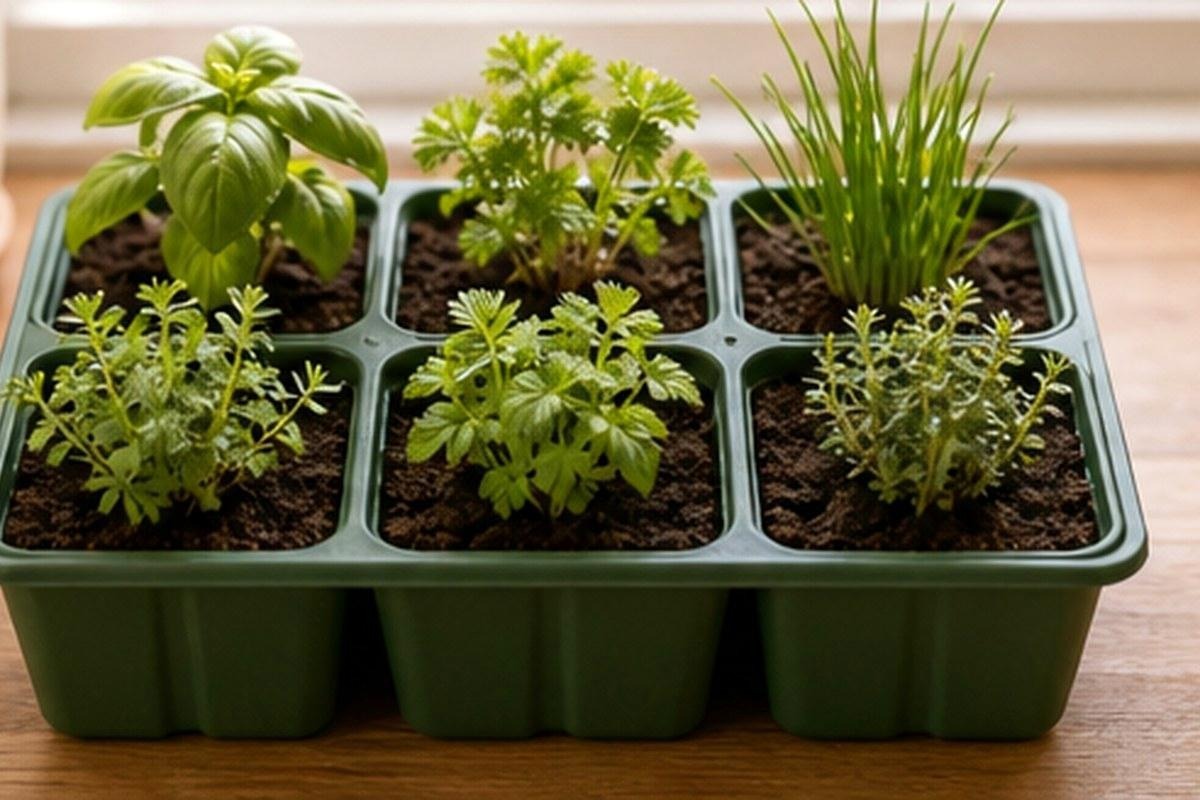 Reusable six-cell seed-starting tray with young herb seedlings