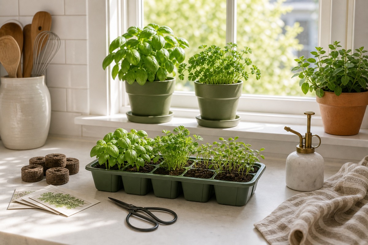 Kitchen windowsill herb starter setup with small pots, seed packets, peat pellets, reusable trays, and young green herbs