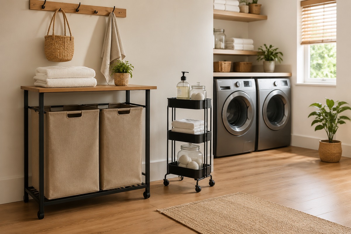 Small laundry corner with double hamper shelf, rolling cart, detergent jars, hooks, folded towels, rug, and clear floor