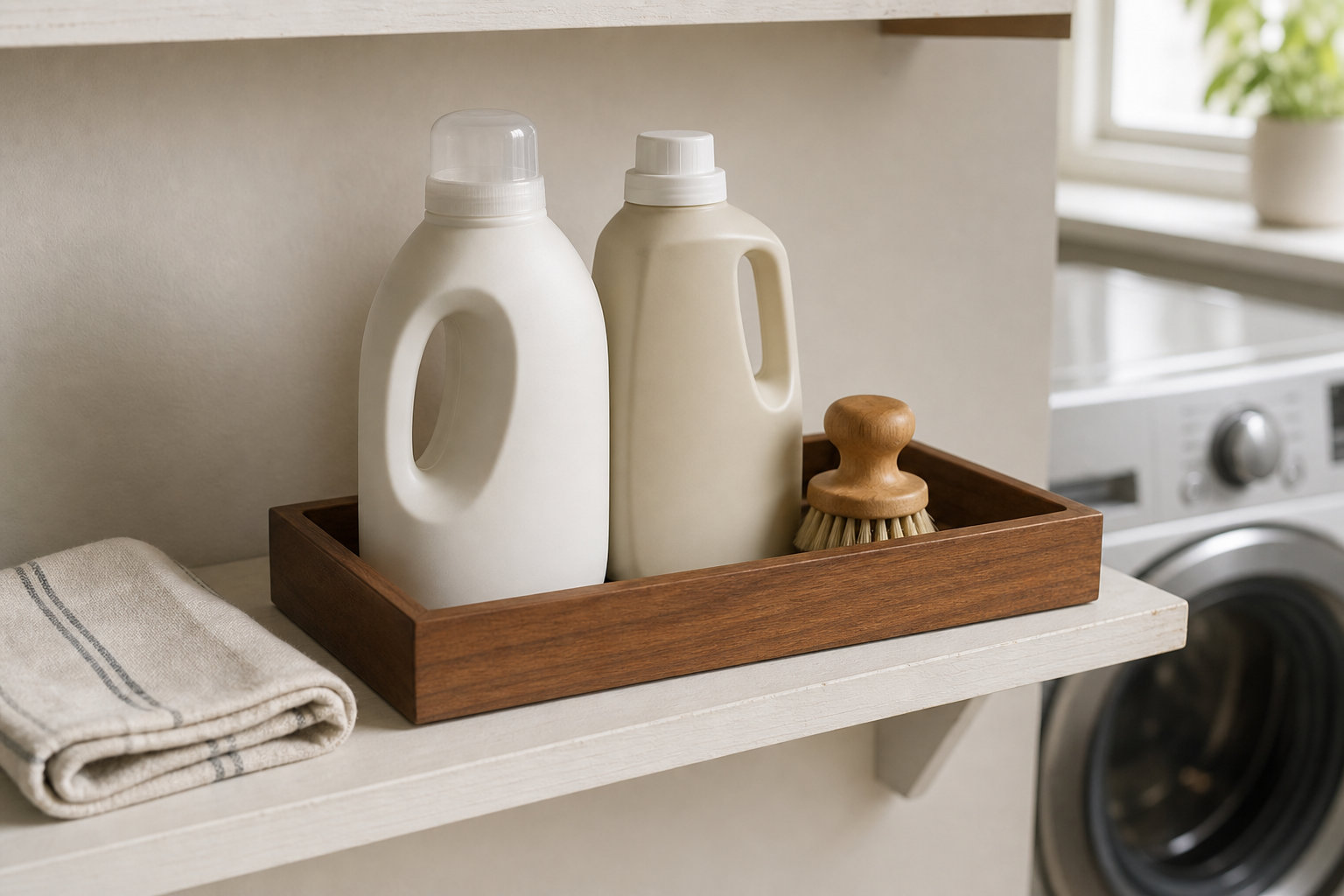 Small acacia wood tray holding two plain laundry bottles and a stain brush on a shelf