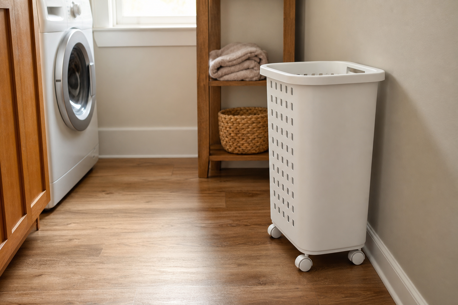 White rolling laundry hamper beside a washer in a warm, narrow laundry room