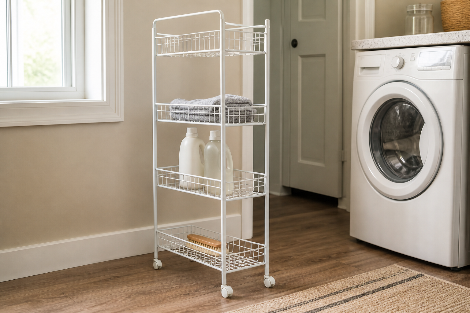 Narrow white four-tier rolling cart holding laundry supplies beside a washer