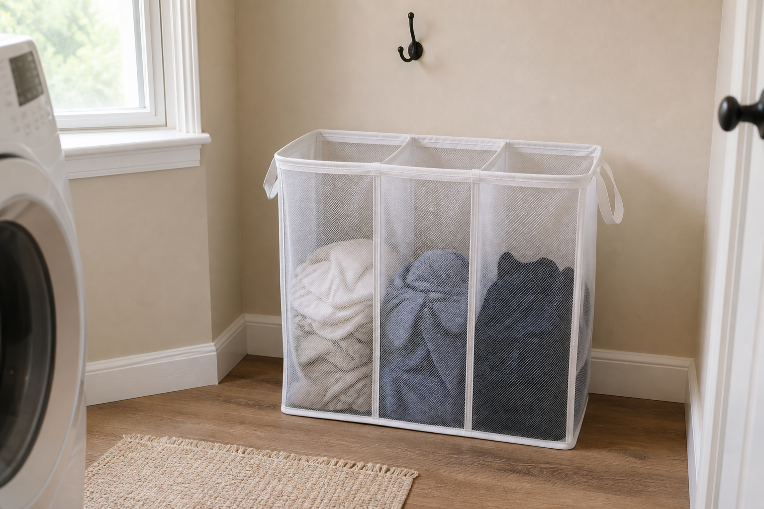 Three-section white mesh laundry sorter tucked against a small laundry room wall