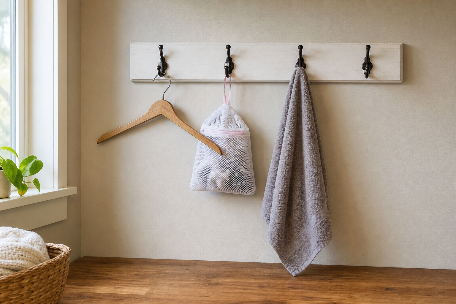White wood hook rail holding a mesh laundry bag and a drying towel above a clear counter