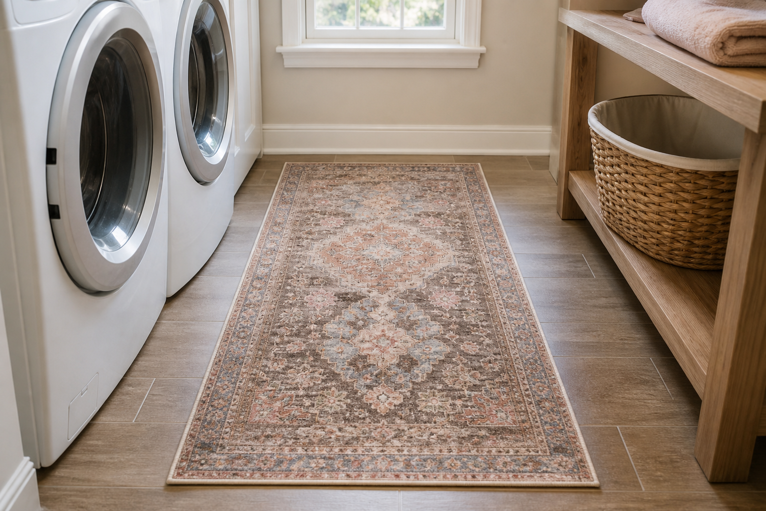 Low-pile patterned washable runner centered in a narrow laundry room aisle