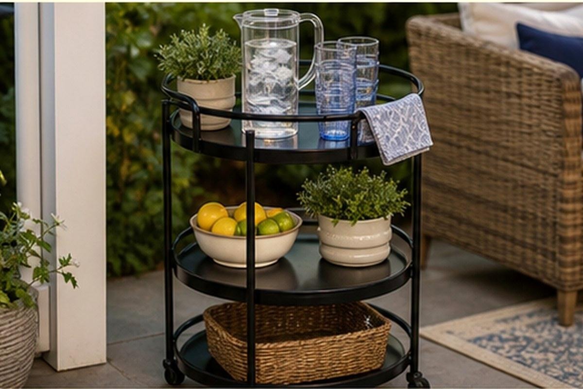 Slim black three-tier rolling round bar cart on a small covered patio
