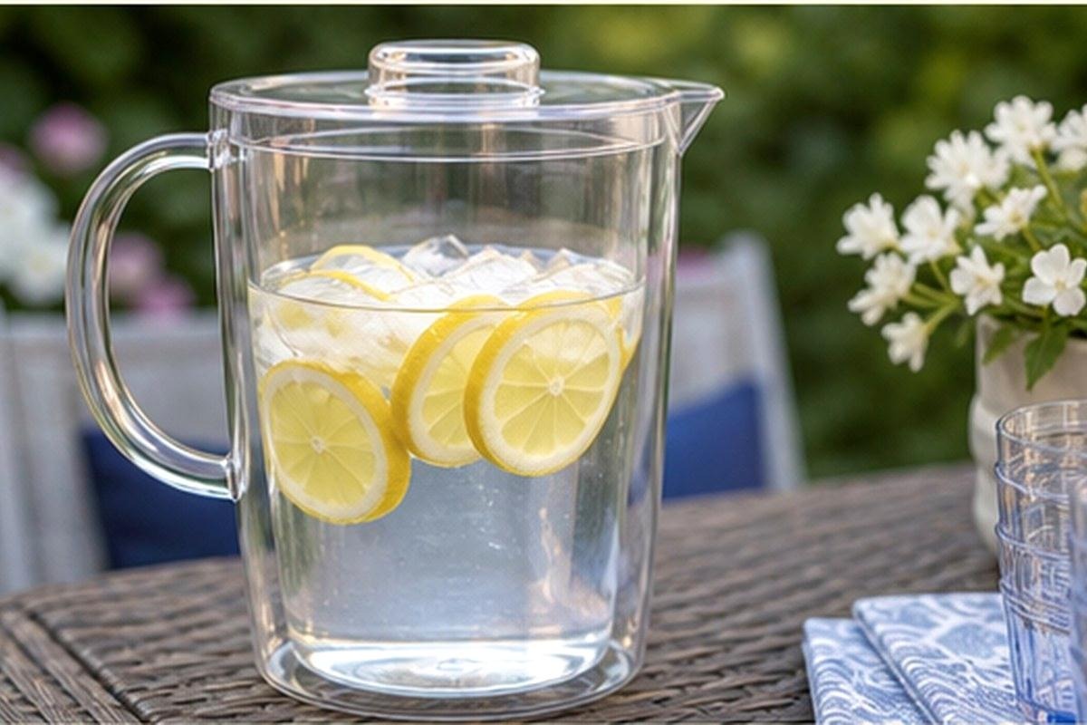 Clear acrylic pitcher filled with lemon water on an outdoor table