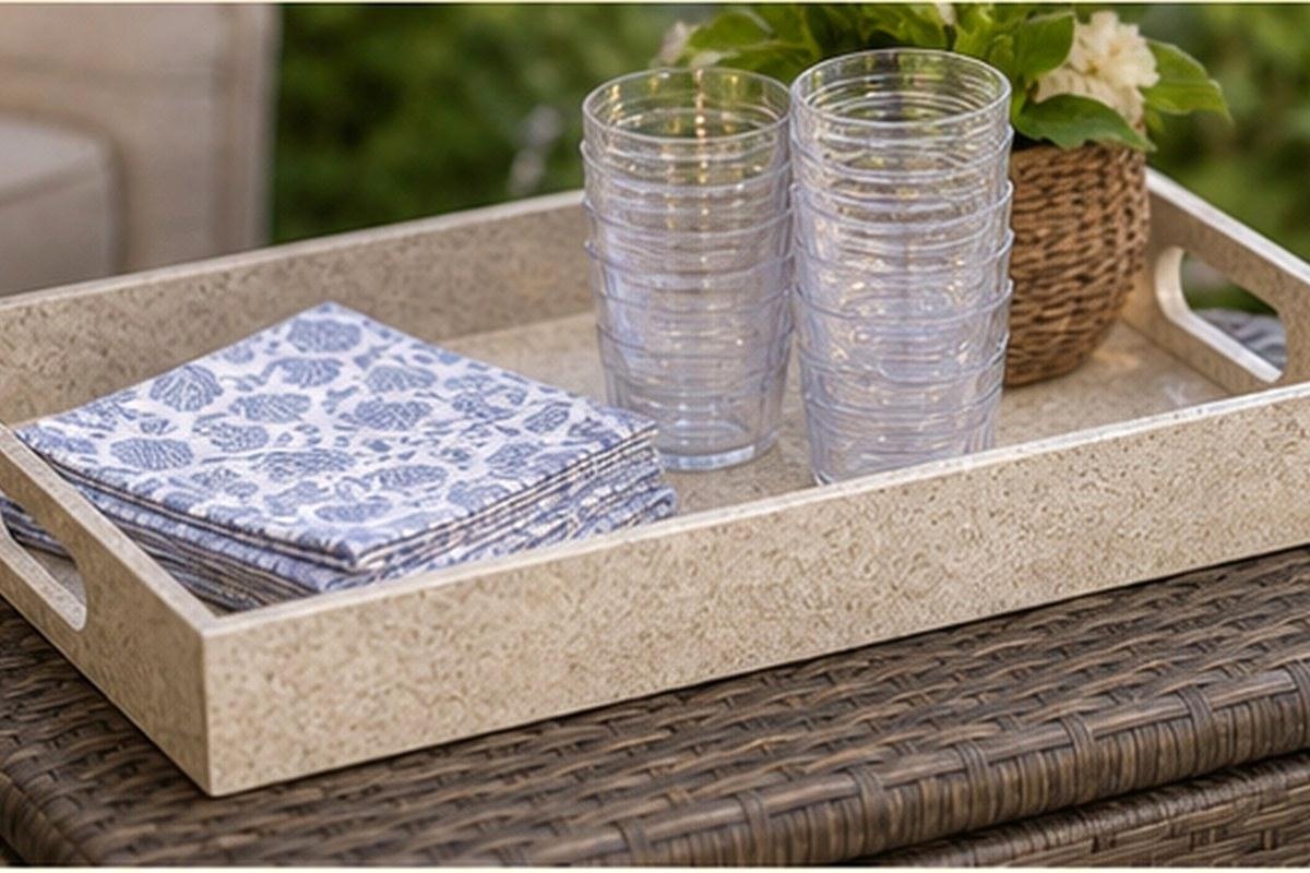 Stone-look handled serving tray with napkins and clear acrylic cups