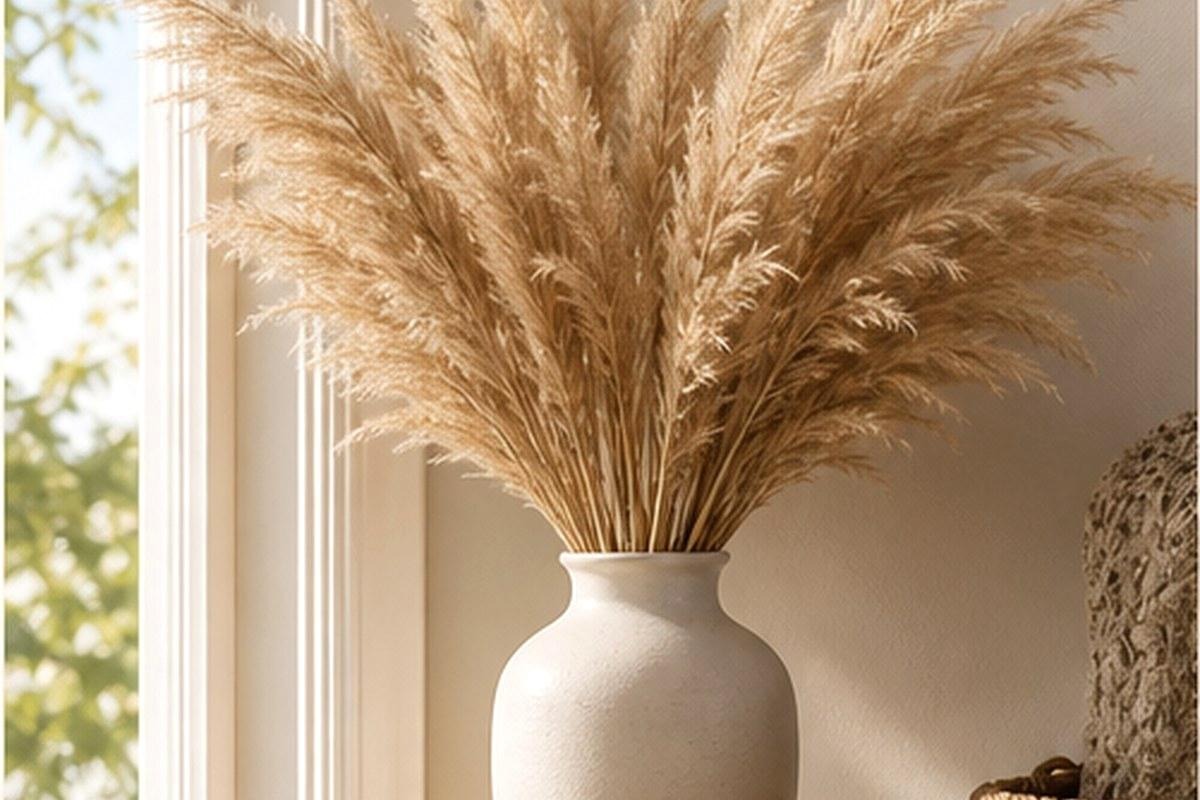 Natural pampas grass bouquet in a cream ceramic vase by a sunny window