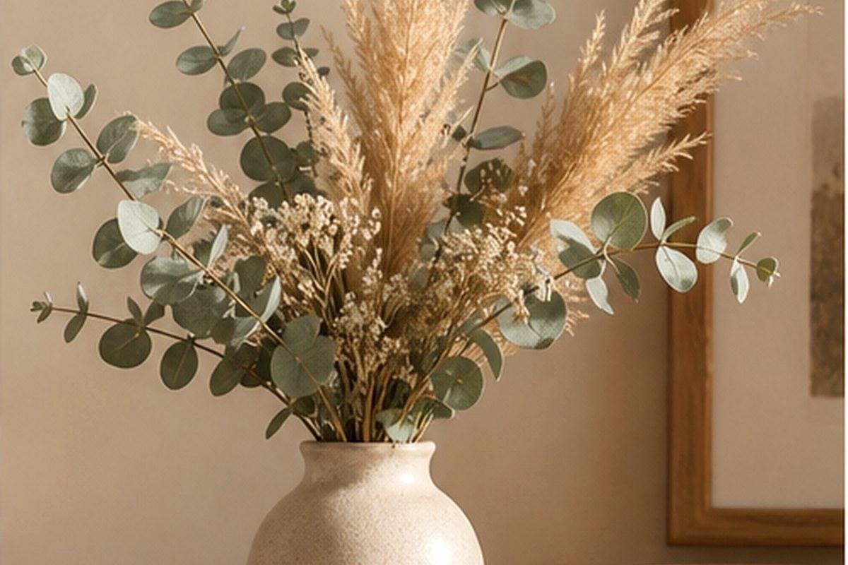 Soft pampas and dried eucalyptus arrangement in warm window light