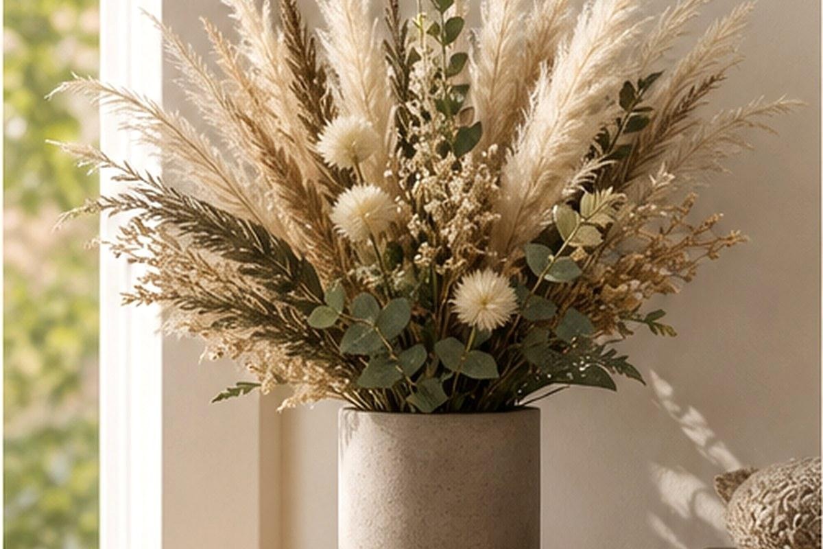 Finished mixed pampas arrangement in a simple cement-look vase
