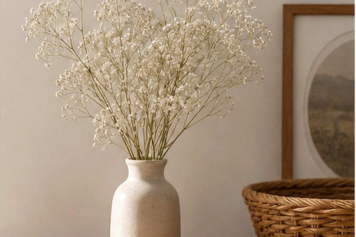 Delicate white baby's breath stems in a small neutral vase