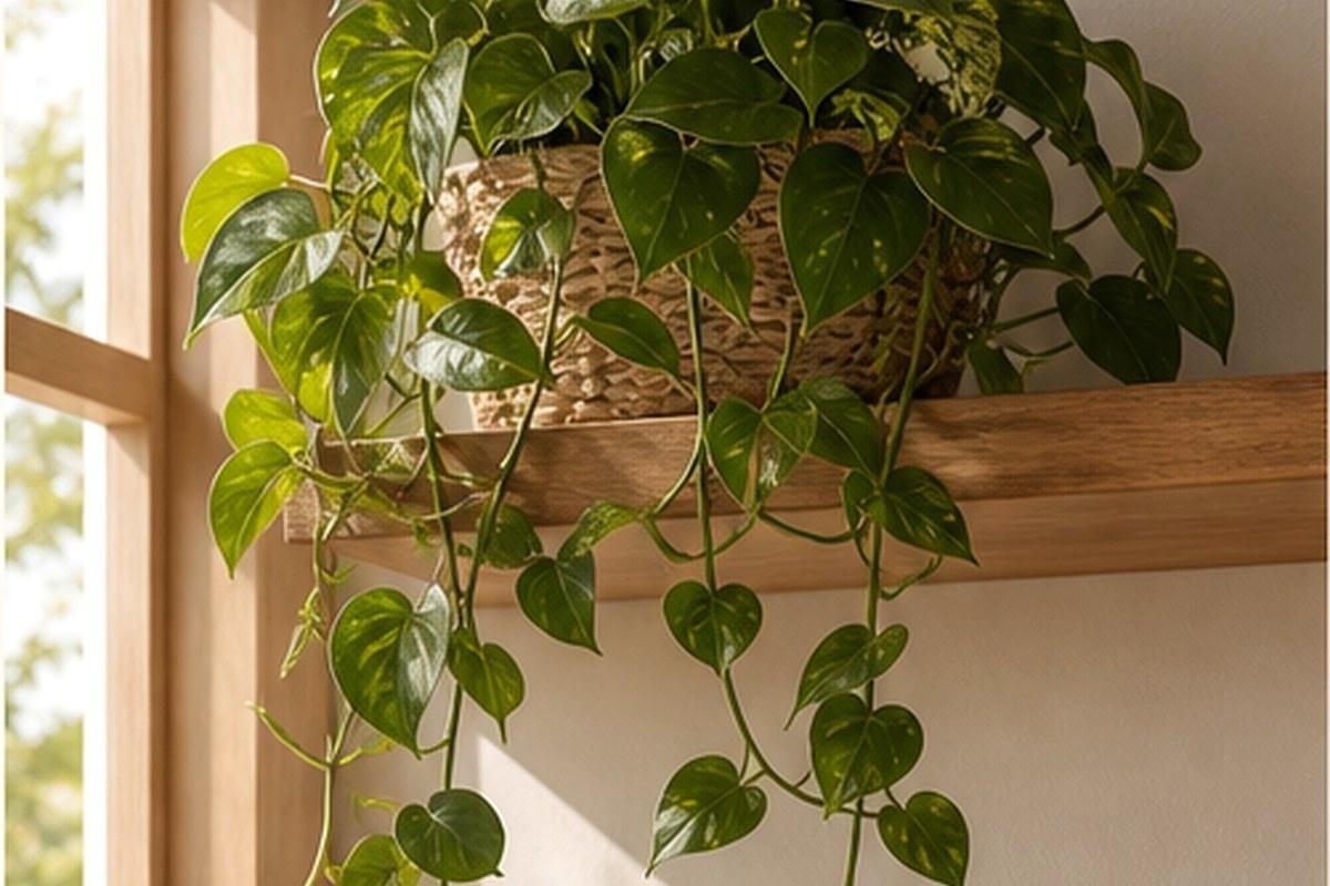 Trailing green pothos draping gently from a wooden shelf