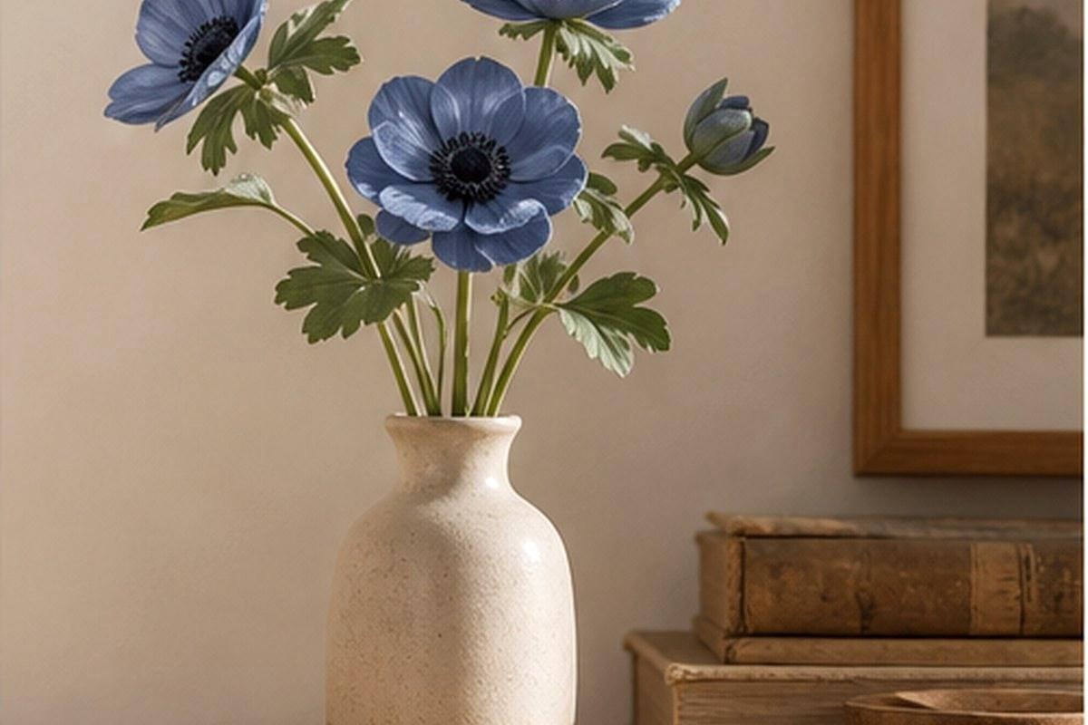 Muted blue anemone flowers in a small cream vase beside old books