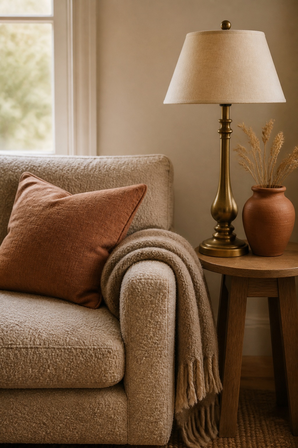 Cozy living room corner with cream walls, oat boucle sofa, oak coffee table, and a single soft clay throw pillow