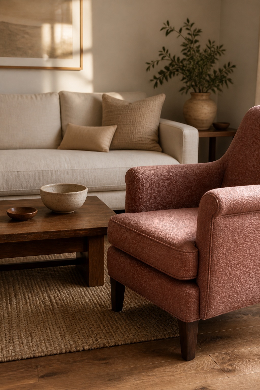 Living room with warm white walls, walnut coffee table, cream linen sofa, and a dusty rose armchair