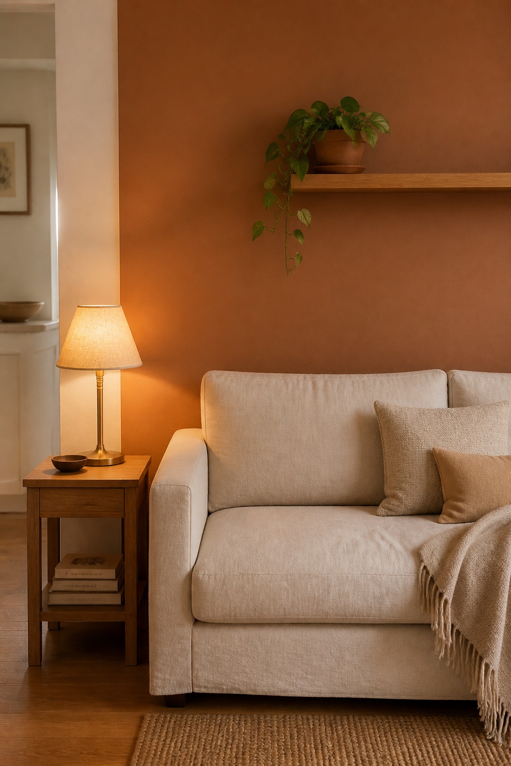 Small accent wall painted in warm clay tone, with the rest of the room in warm off-white, a cream loveseat, an oak side table, and a single brass lamp