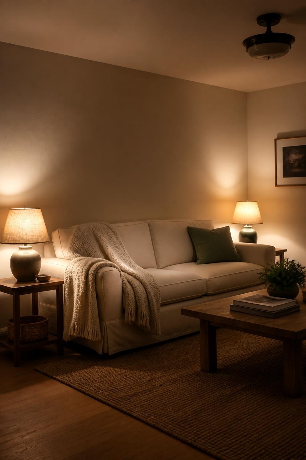 A small living room lit by two table lamps at seated height rather than an overhead fixture