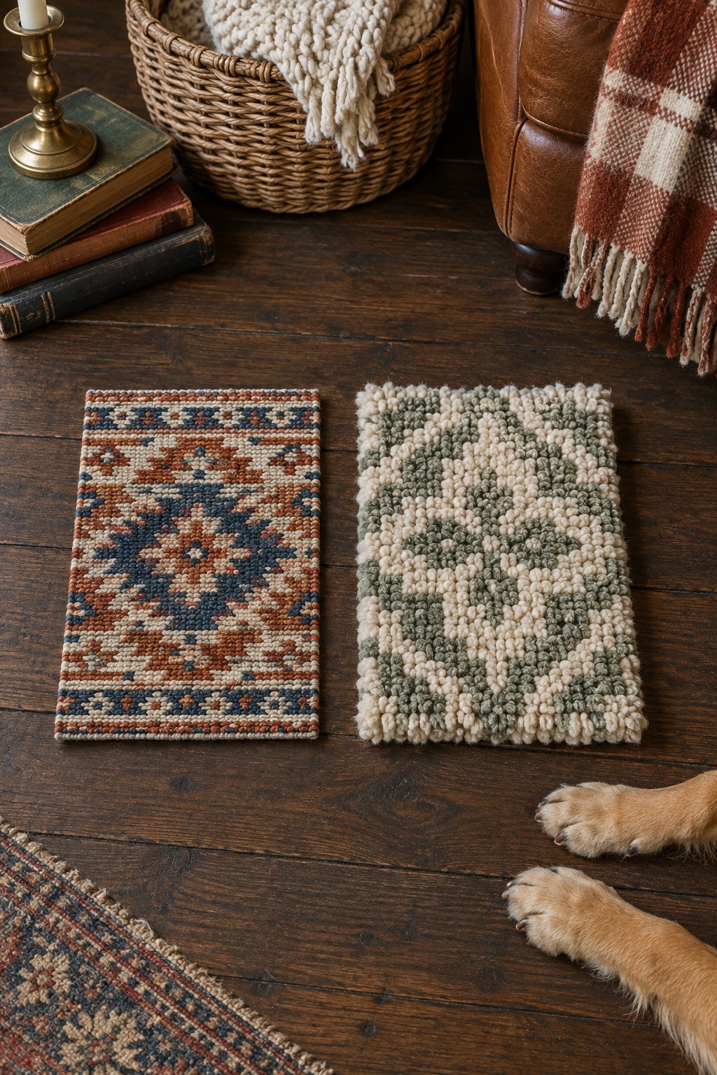 Two unbranded rug samples, one flatter and one tufted, beside a dog's paws