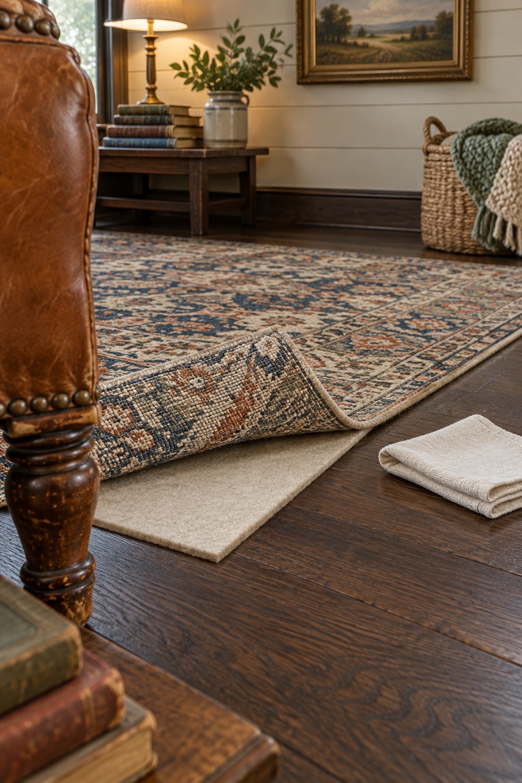 Unbranded rug cover lifted to show a separate pad and clean wood floor