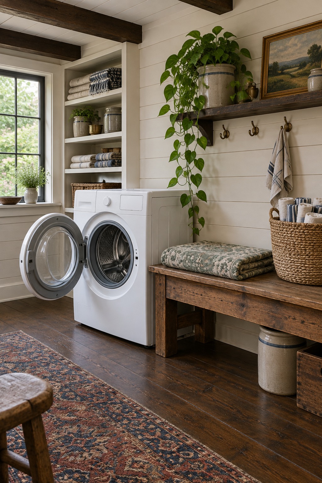 Folded unbranded rug beside an open front-load washer