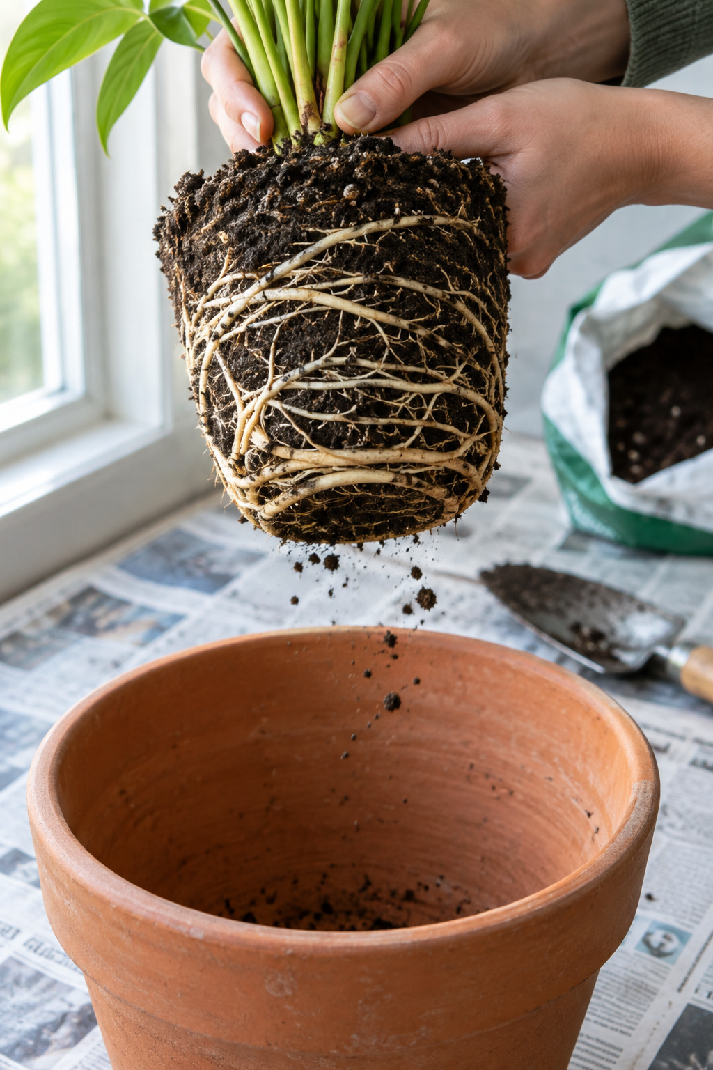 A small potted pothos sitting in a shallow tray of water on a kitchen counter, water reaching a third of the way up the pot