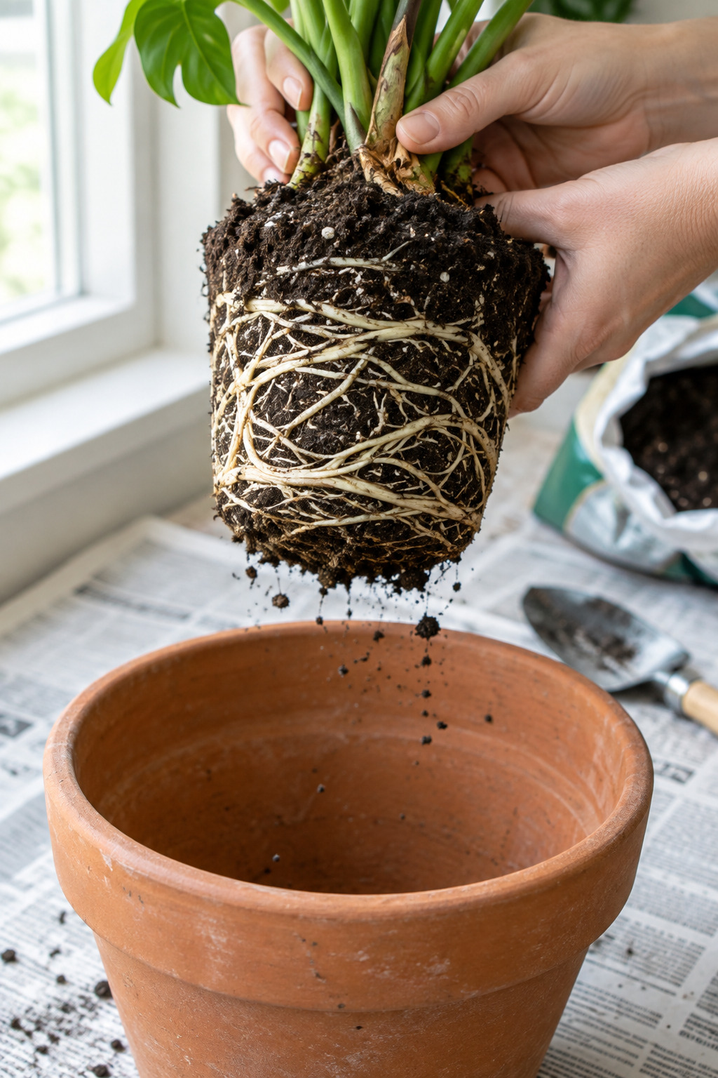 A root ball lifted from its old pot showing pale roots circling the outside of the soil, held above a larger empty pot on newspaper