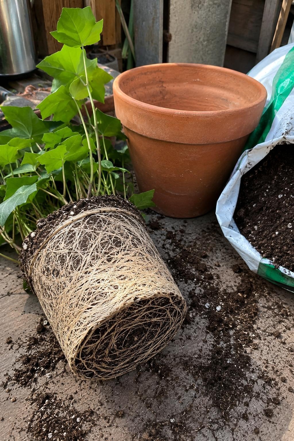 Terracotta pot topped with shredded bark mulch around a petunia