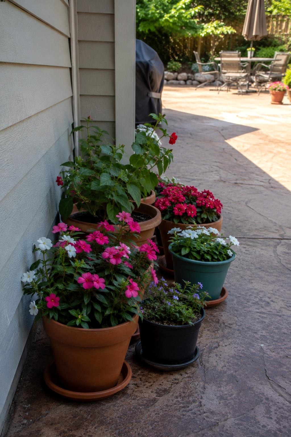 Potted flowers grouped in bright shade at the edge of a patio with saucers underneath