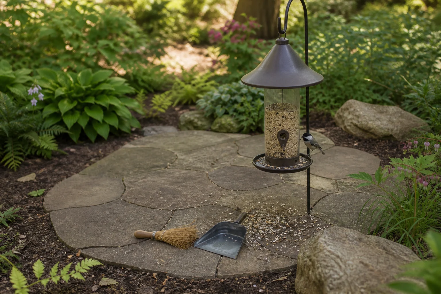 Bird feeder above broad flat pavers with a small broom and dustpan for cleanup