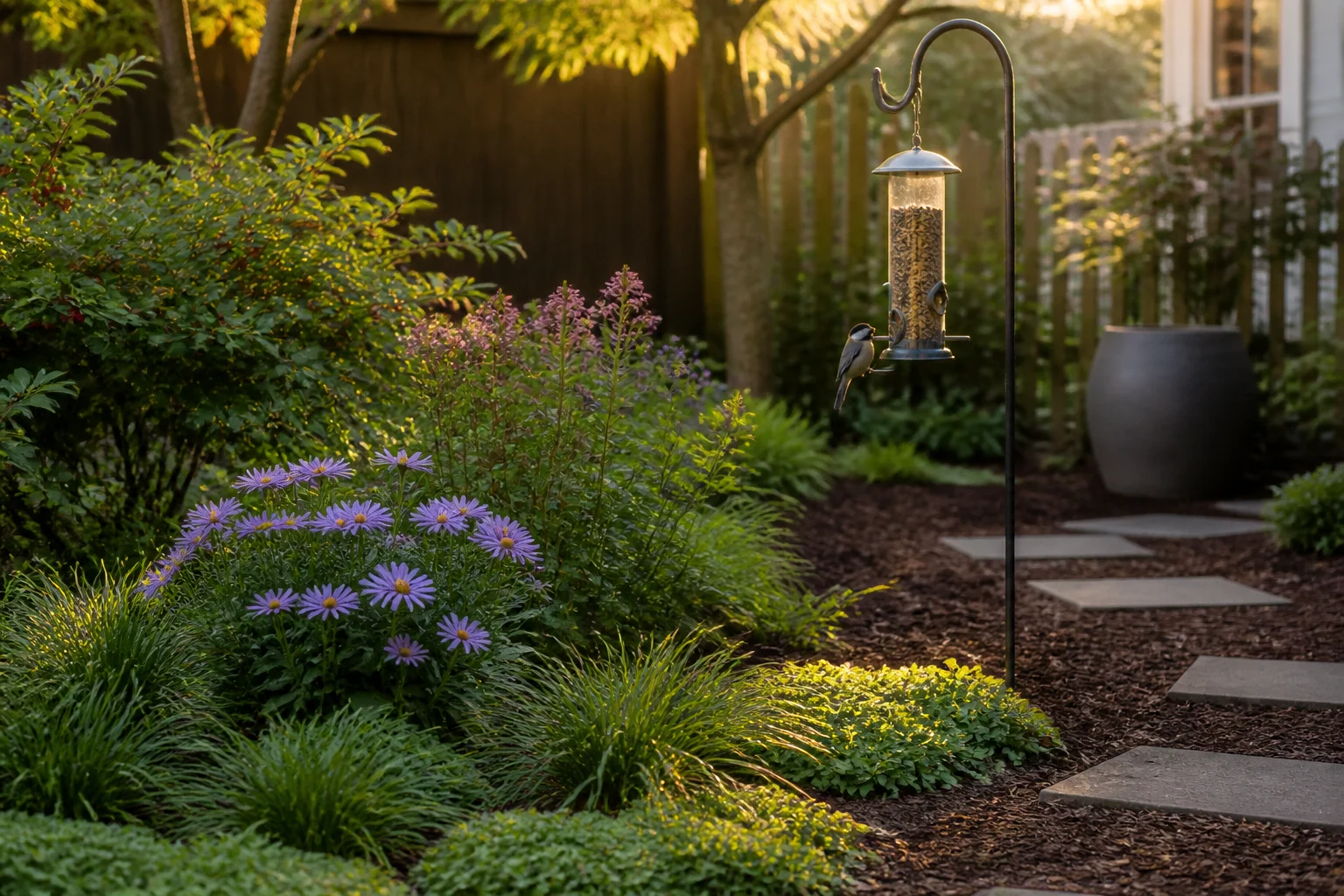 Low grasses, flowering perennials, shrub, and open path arranged around a feeder
