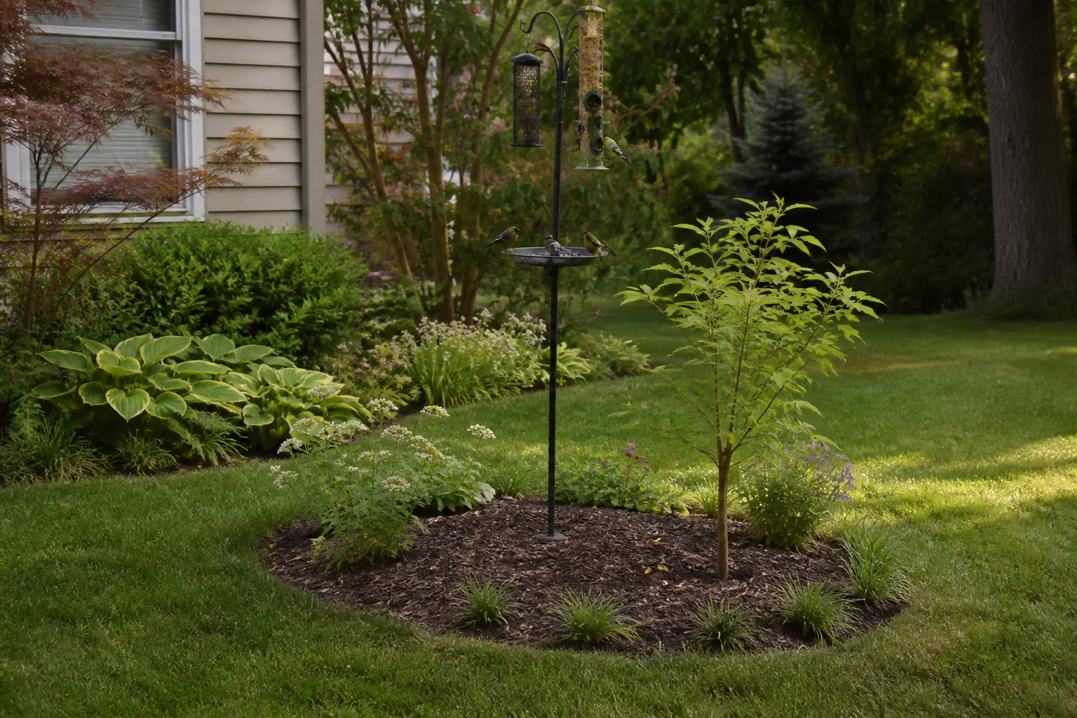 Shallow mulch ring around a feeder with space kept clear at plant crowns and trunk