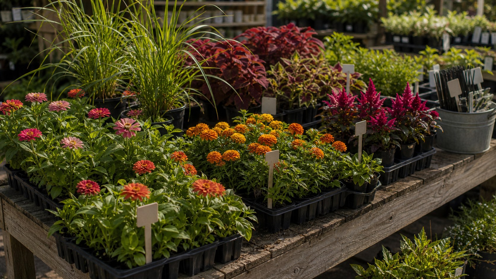 Garden center tray with zinnias, marigolds, celosia, coleus, and late summer annuals