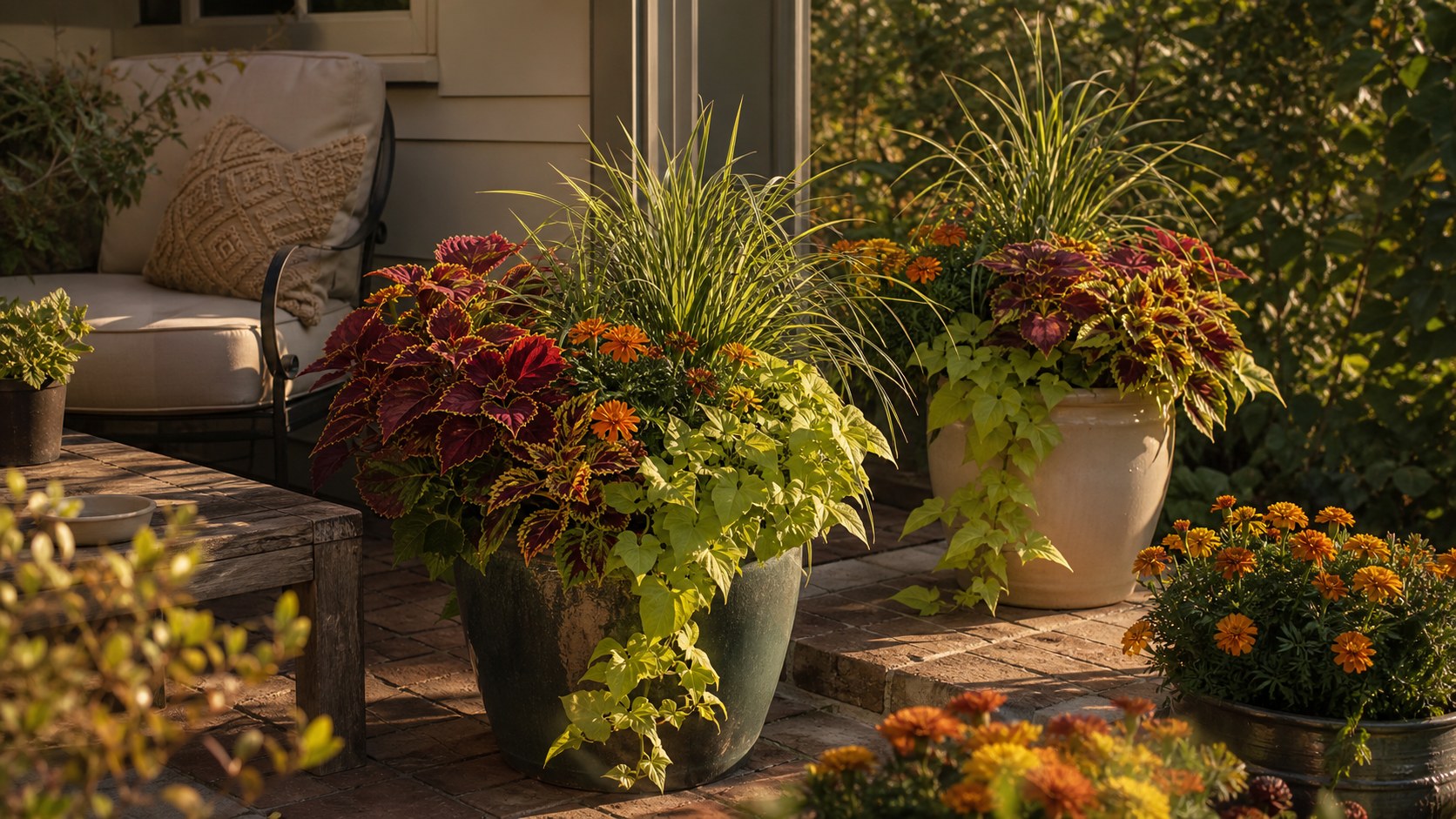 Patio containers refreshed with coleus, marigolds, ornamental grass, and trailing foliage
