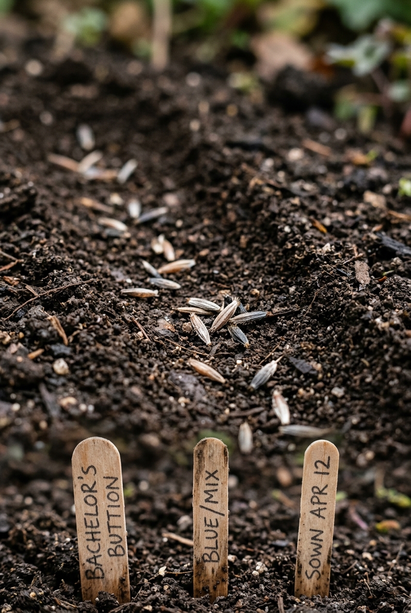Hands direct-sowing bachelor's button seeds in prepared garden bed with row markers