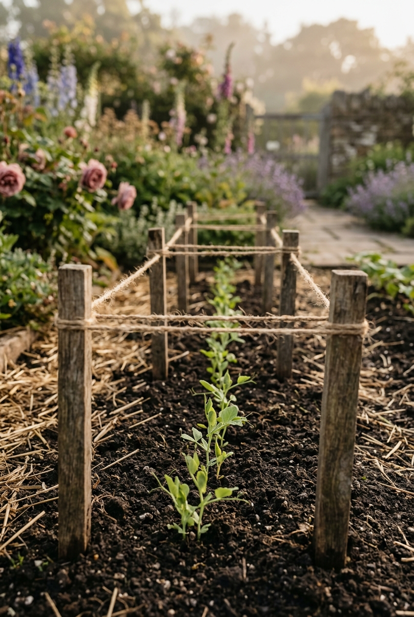 Sweet pea seedlings emerging in garden row with support twine installed