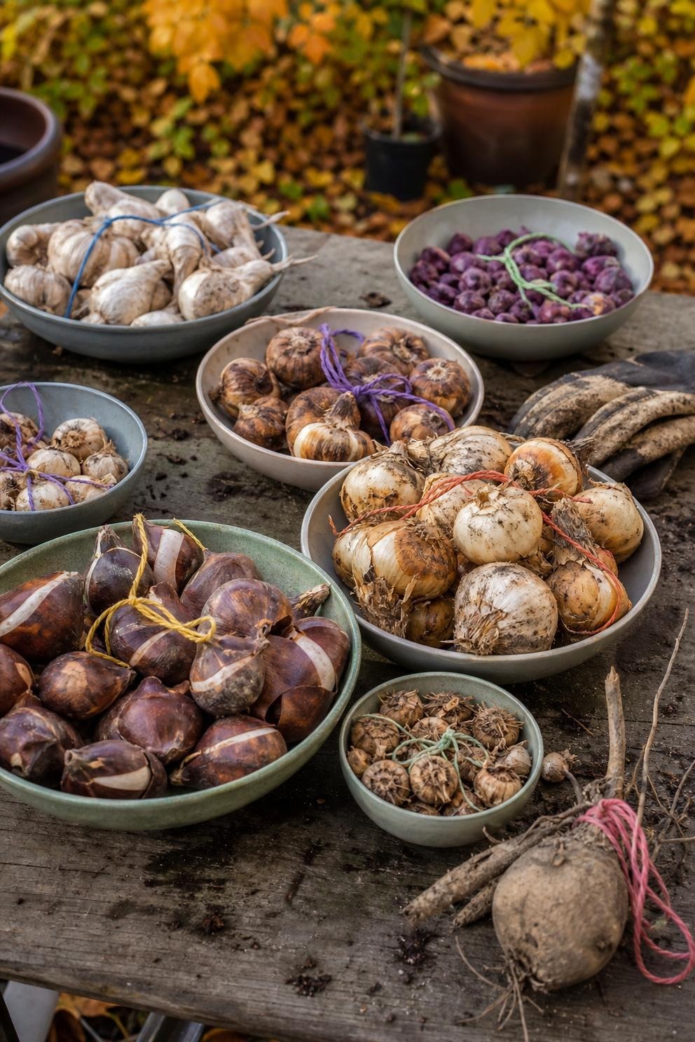 Labeled groups of tulip, daffodil, crocus, hyacinth, and allium bulbs on a garden table
