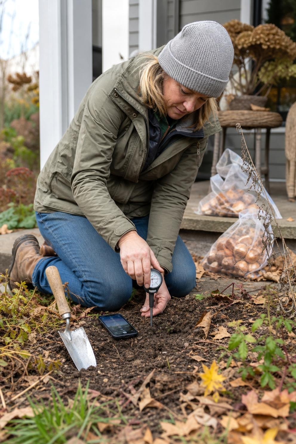A gardener comparing a local weather forecast with cool workable soil in a small flower bed