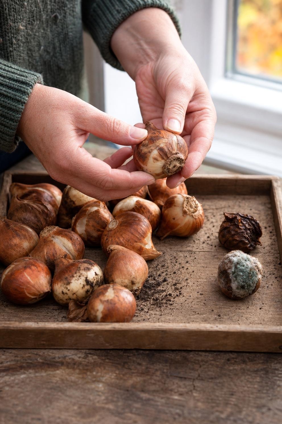 Hands inspecting firm healthy tulip and daffodil bulbs beside one soft damaged bulb