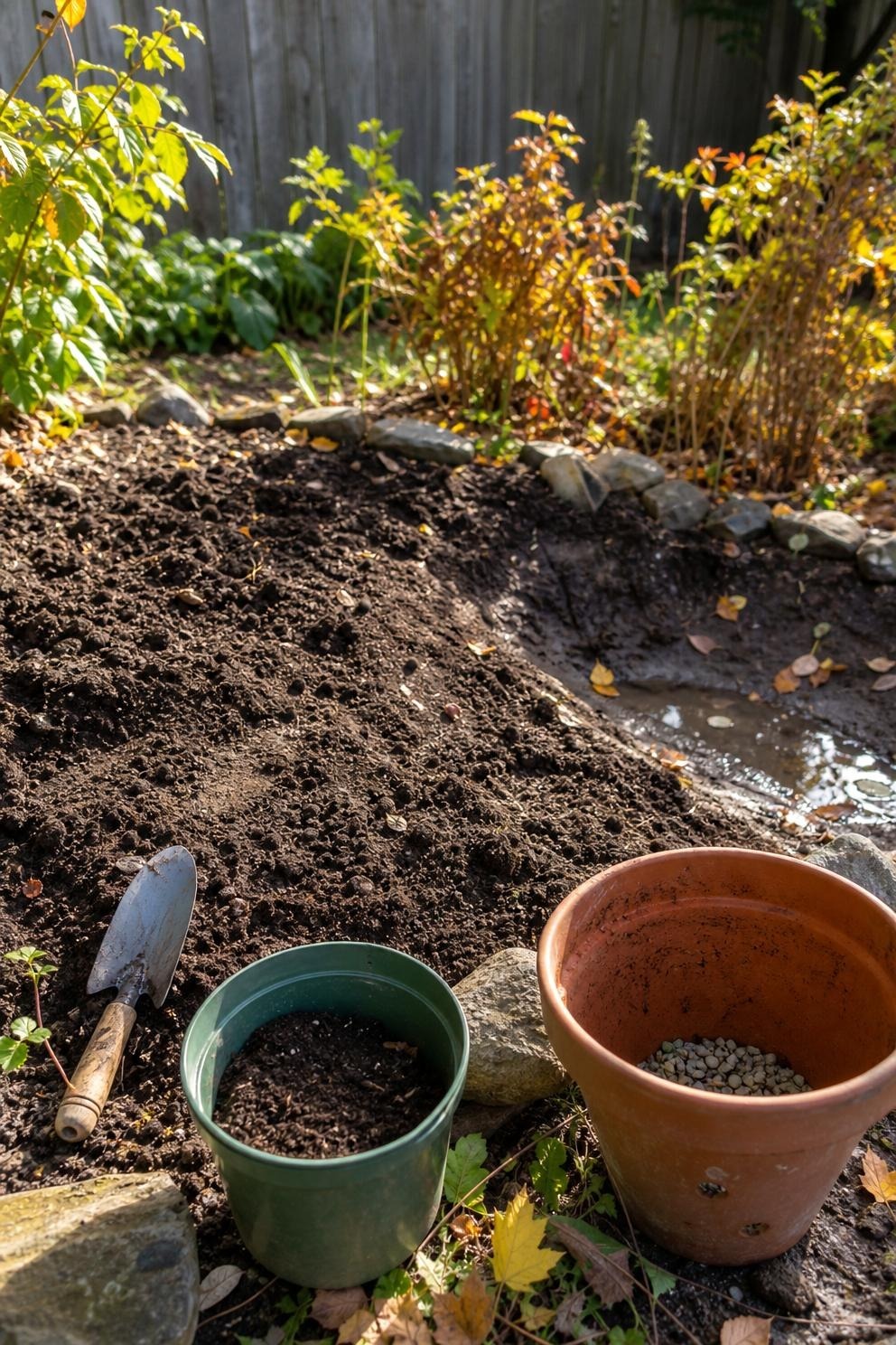 A small sunny fall flower bed with loose draining soil prepared for spring bulbs