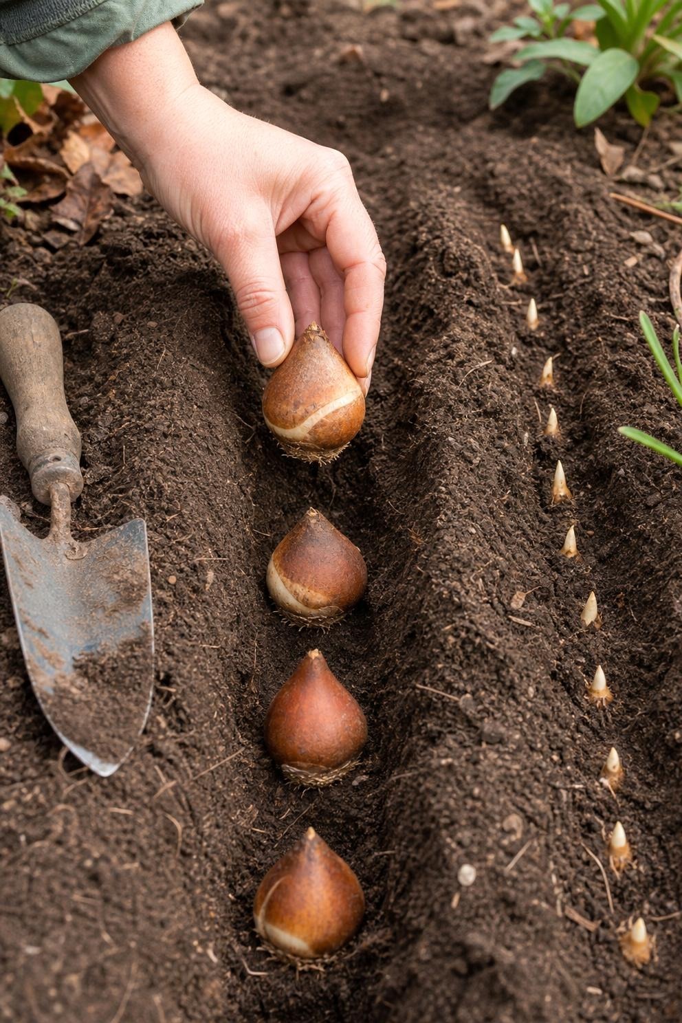 Spring bulbs placed at different correct depths in a narrow planting trench