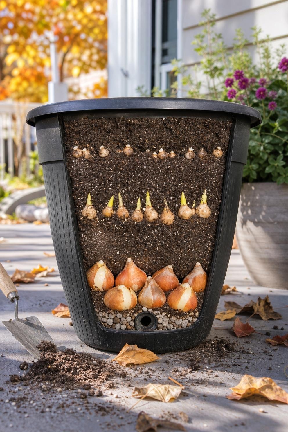 A deep outdoor container layered with tulip, daffodil, and crocus bulbs in autumn