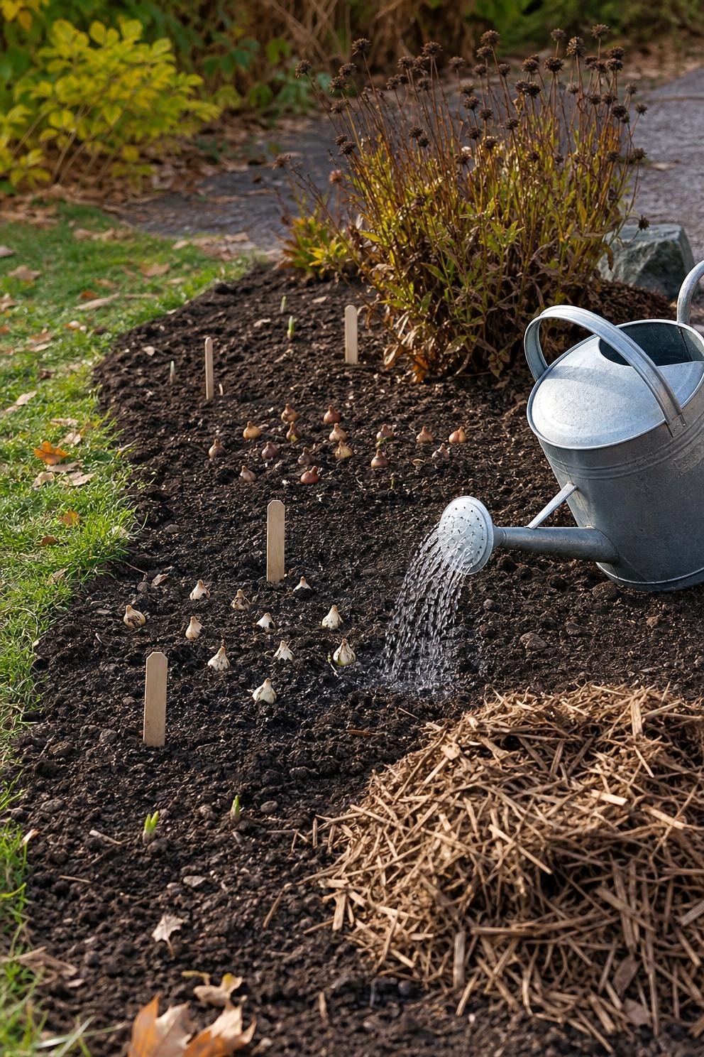 A newly planted bulb bed being watered and marked with simple labels before winter