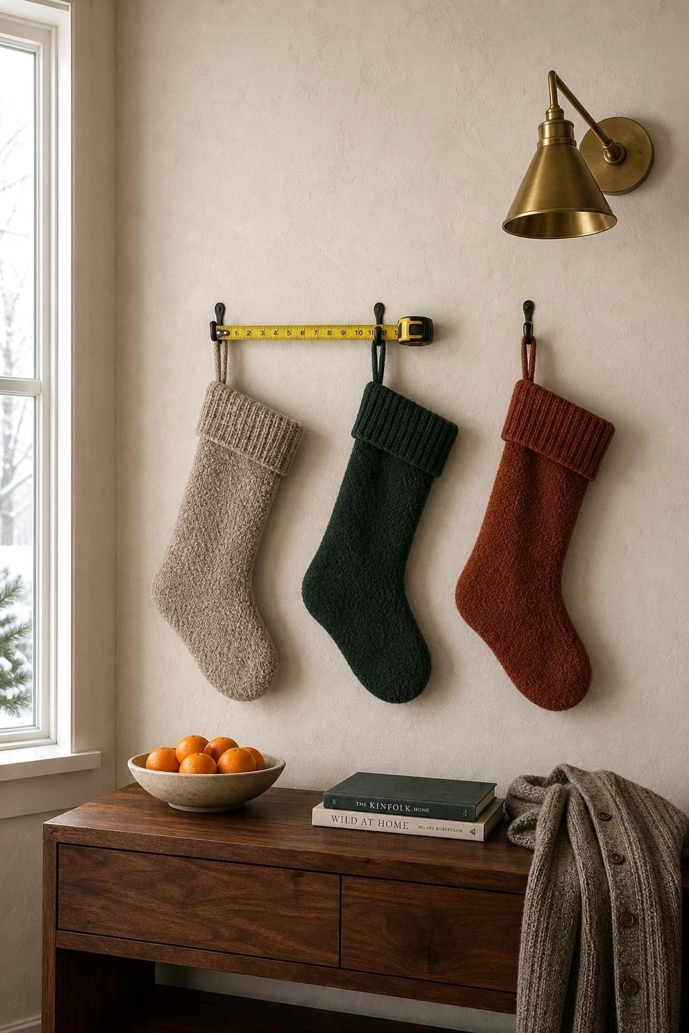 Three stockings hanging in an even row from small black hooks on a pale plaster wall, with a steel tape measure held between two of them