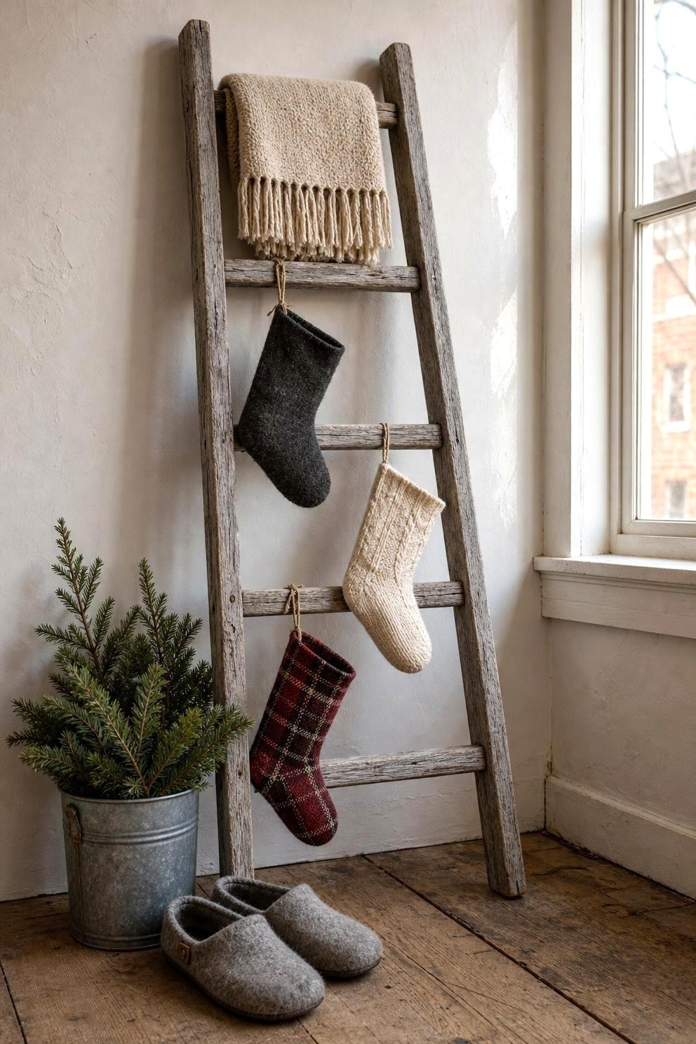 A weathered wooden ladder leaned against a pale apartment wall with three stockings hanging from its rungs at different heights and a folded wool throw over the top rung