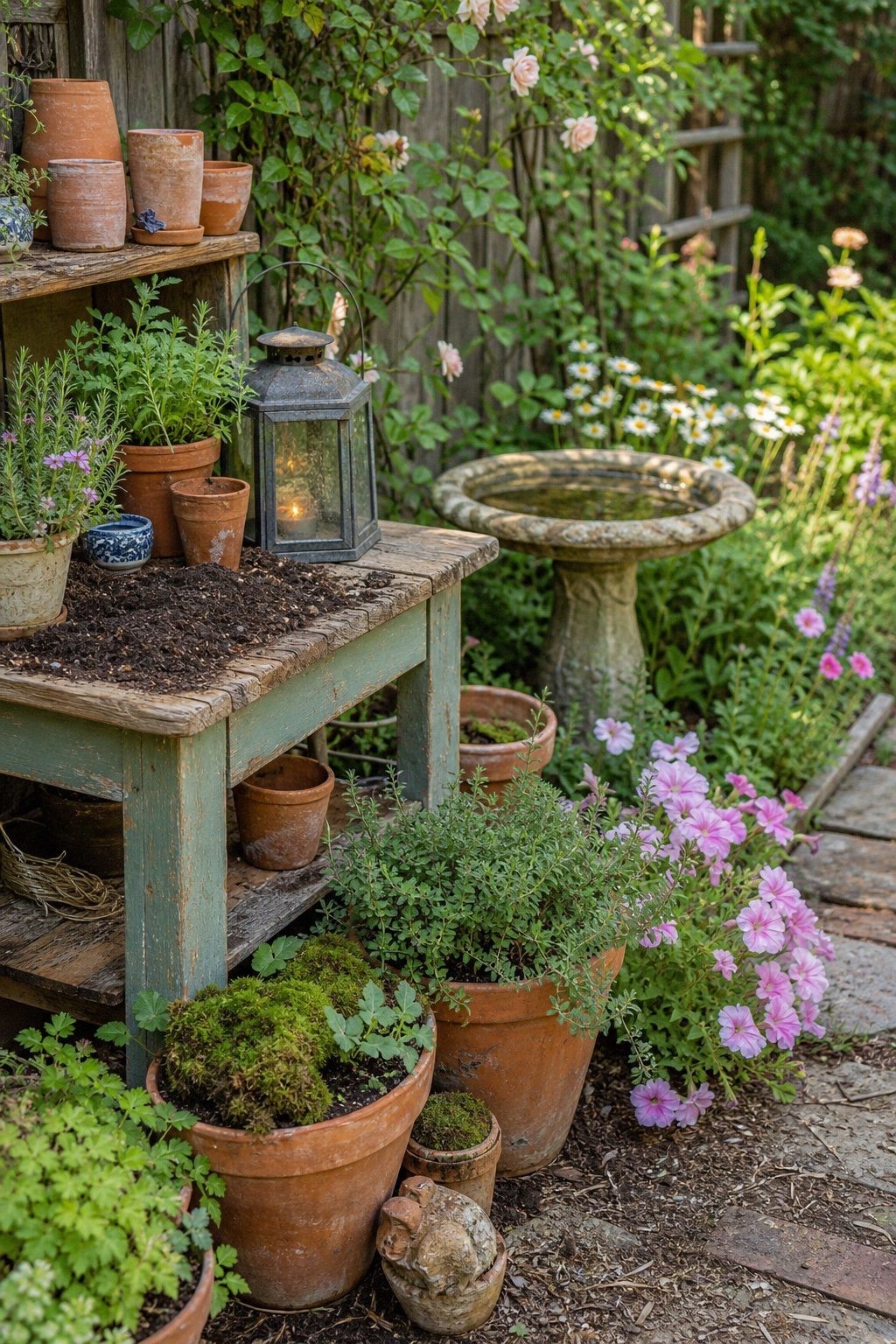 Terracotta pots, moss, herbs, lanterns, a shallow birdbath, and soft flowers arranged beside a garden bed