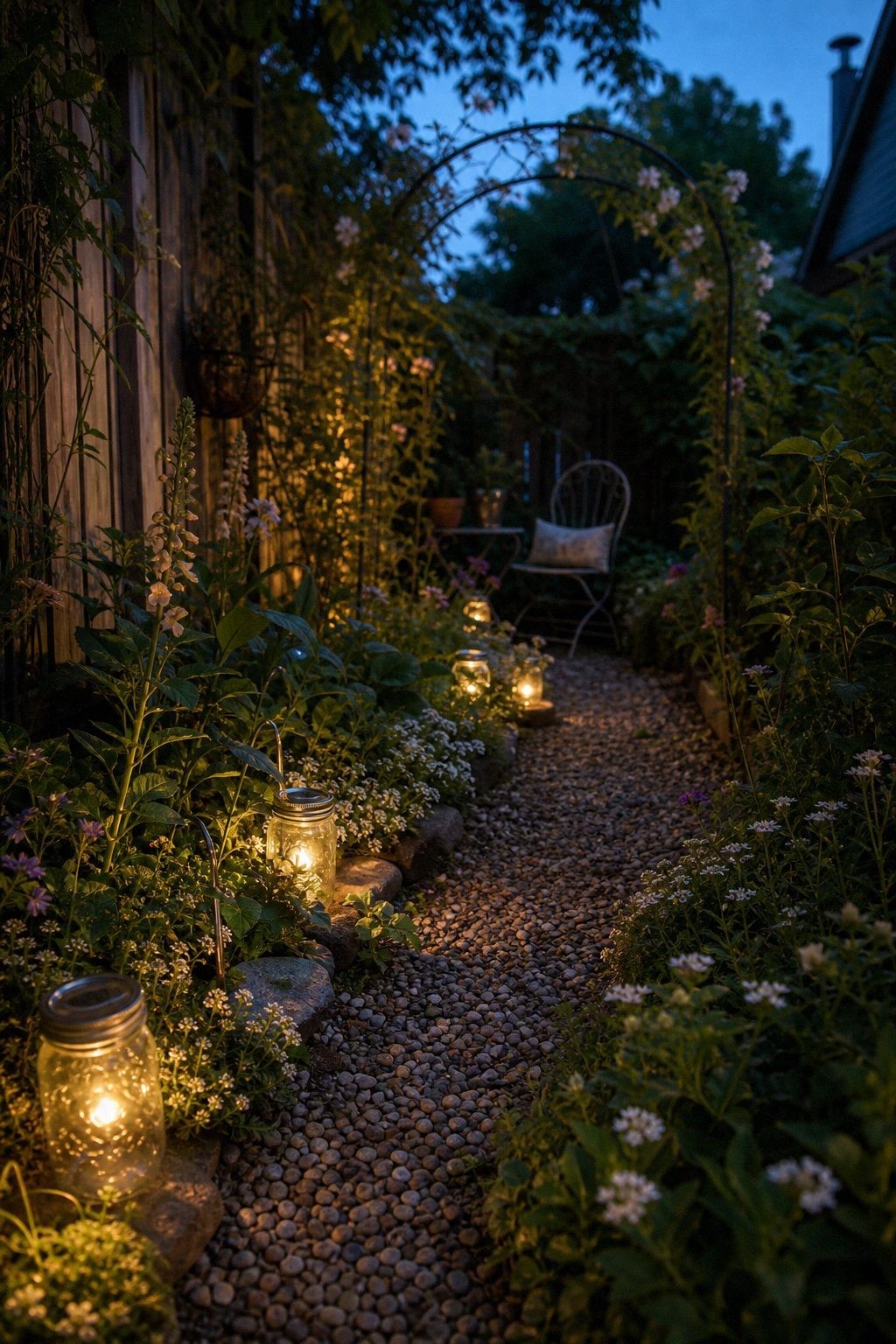 A narrow garden path at dusk with warm jar lanterns, low flowers, climbing vines, and a small chair at the end
