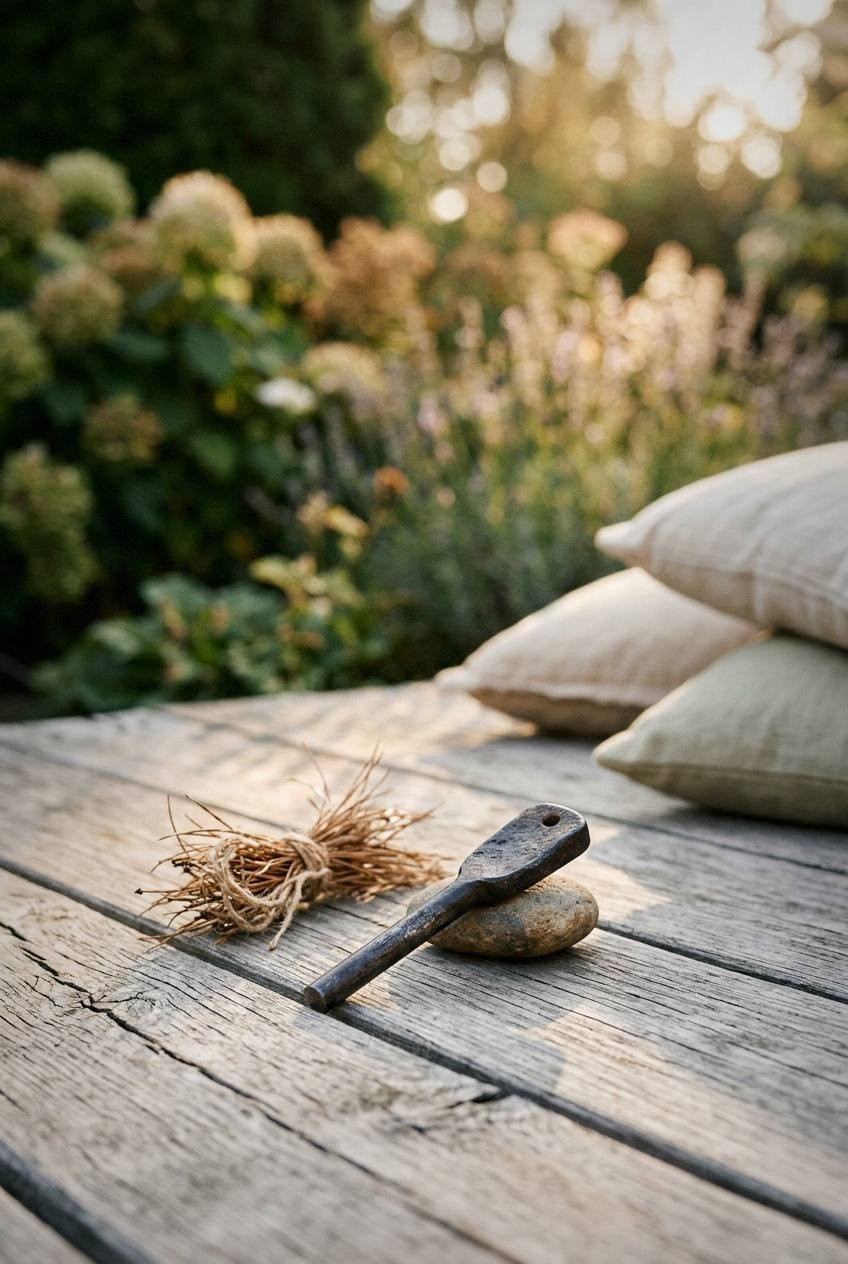 Steel fire pit with glowing embers in a backyard at dusk, two Adirondack chairs nearby with folded blankets draped over the armrests
