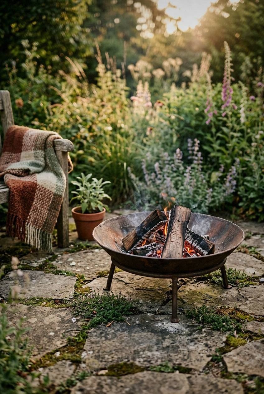 Backyard fire pit seating area at night with string lights overhead, Adirondack chairs arranged in a circle on pea gravel around a glowing fire
